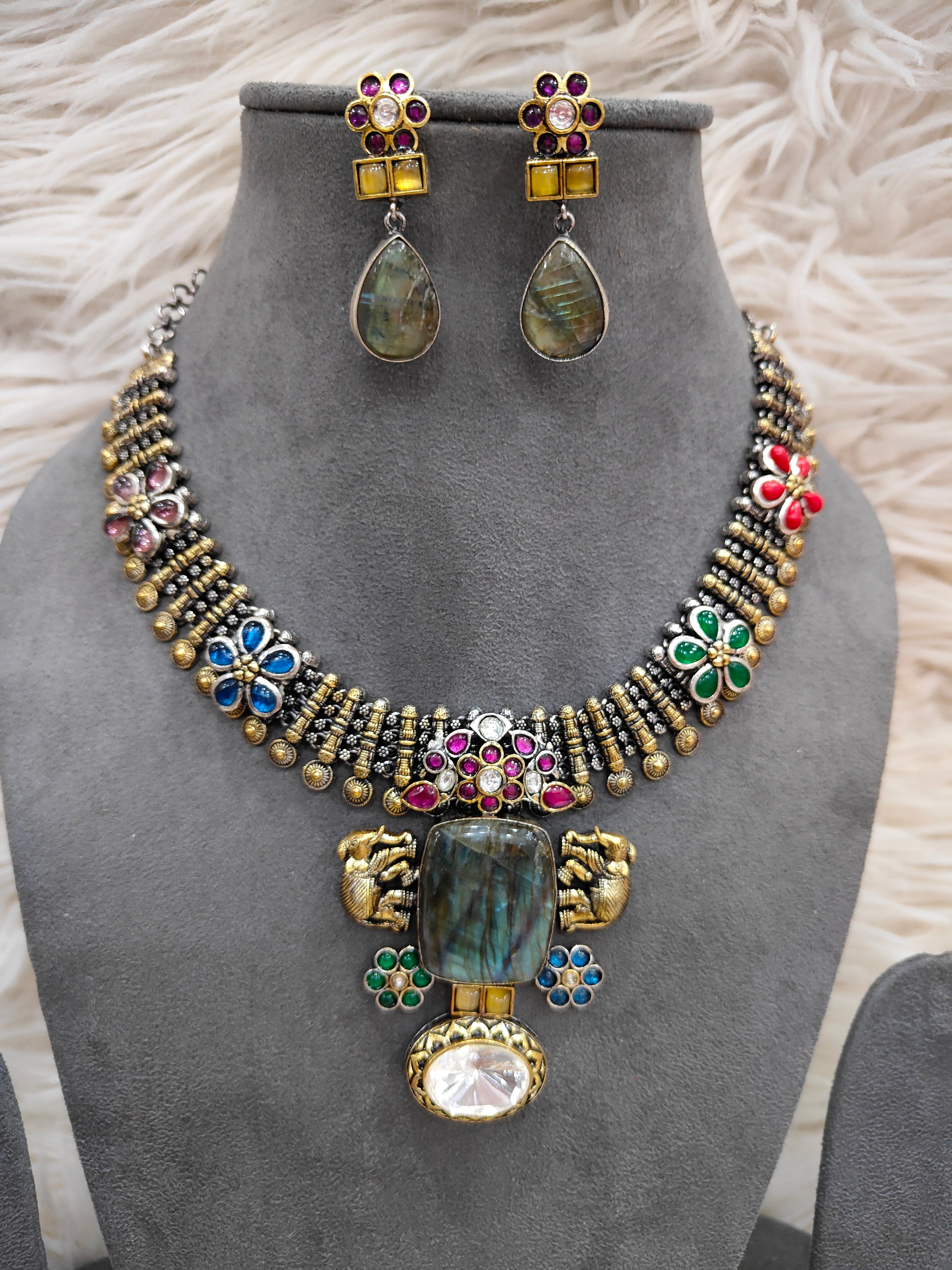 Kundan Fusion Natural Stone Necklace Set – Bling By AD